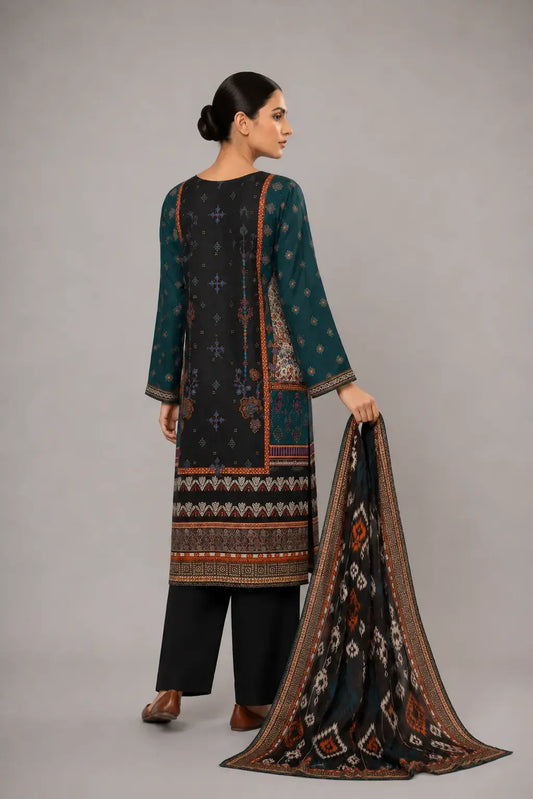 Black & Teal Ethnic Printed 3-Piece Lawn Suit