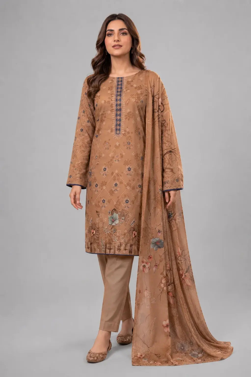 Warm Beige Floral Printed 3-Piece Lawn Suit