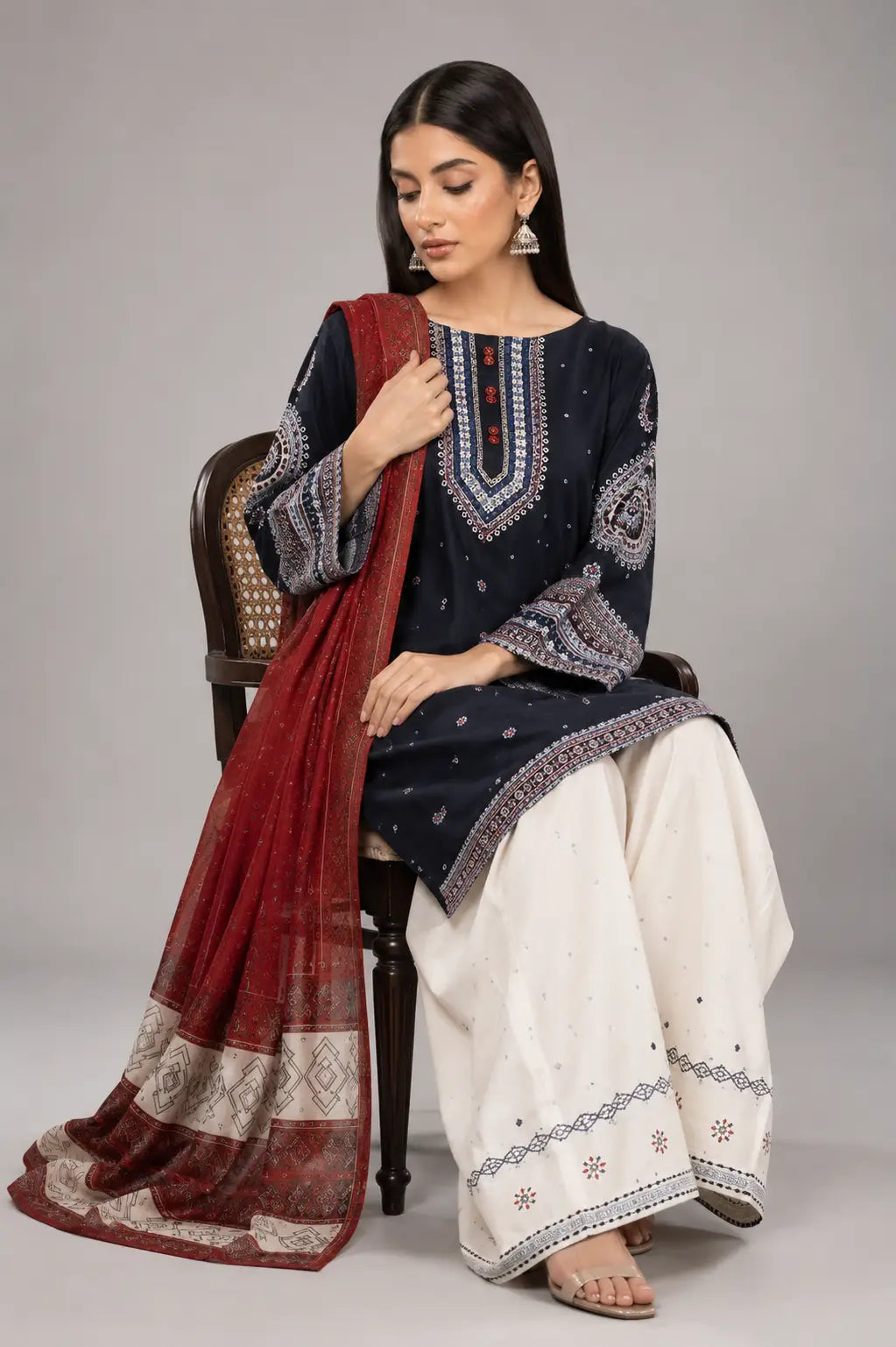 Sobia Nazir Navy Blue Embroidered Pret Dress 3-Pc