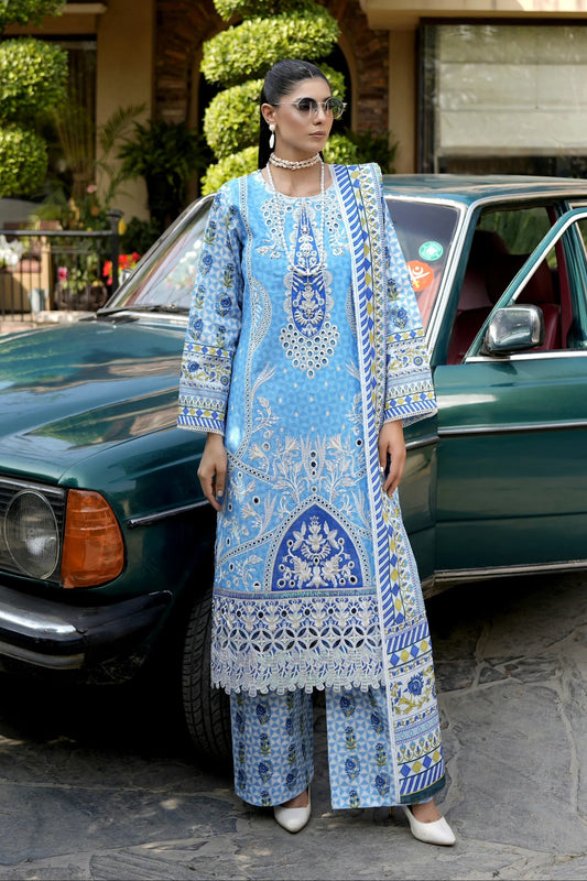 Vibrant Sky Blue 3 Piece Embroidered  Suit