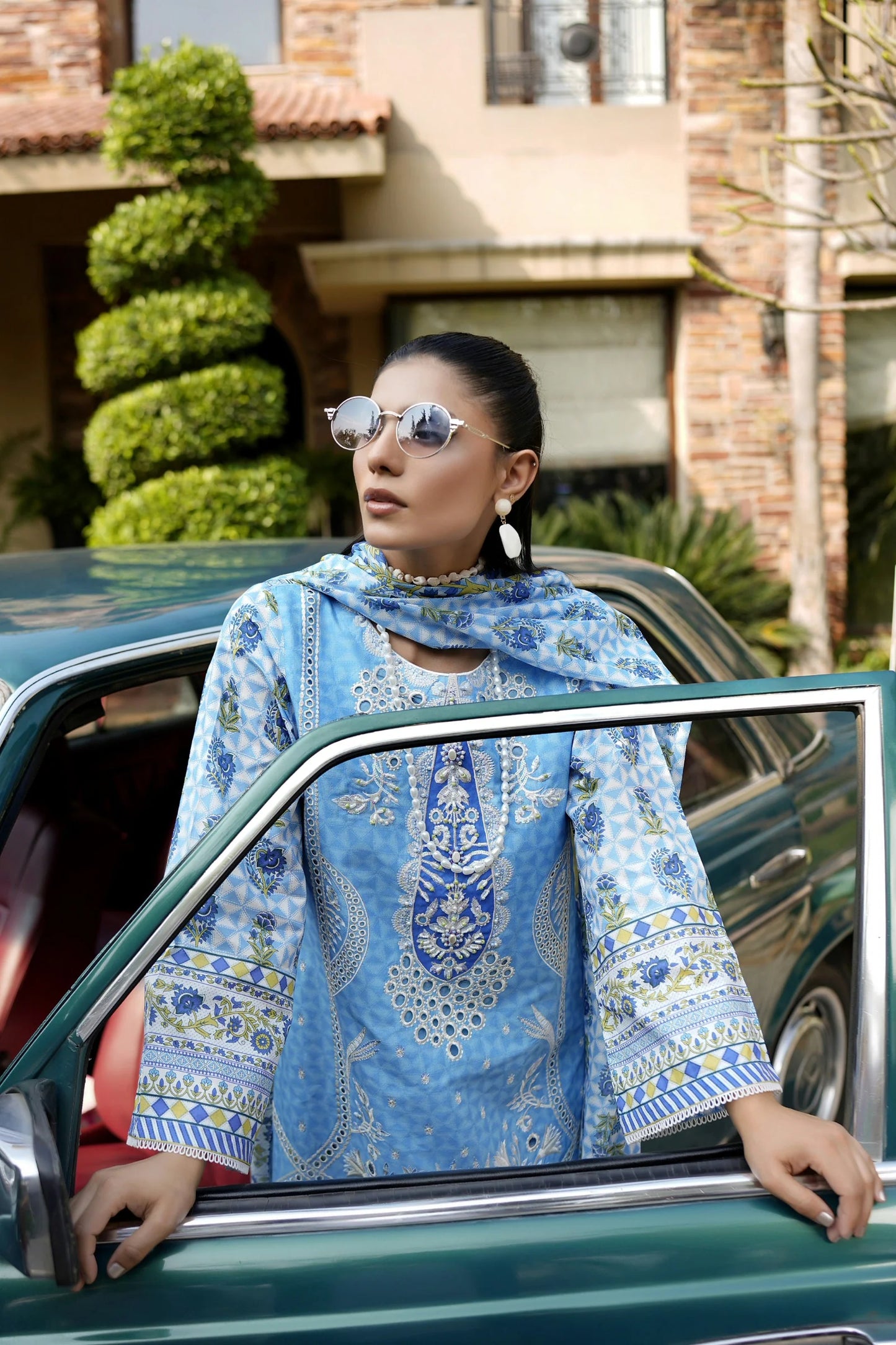Vibrant Sky Blue 3 Piece Embroidered  Suit