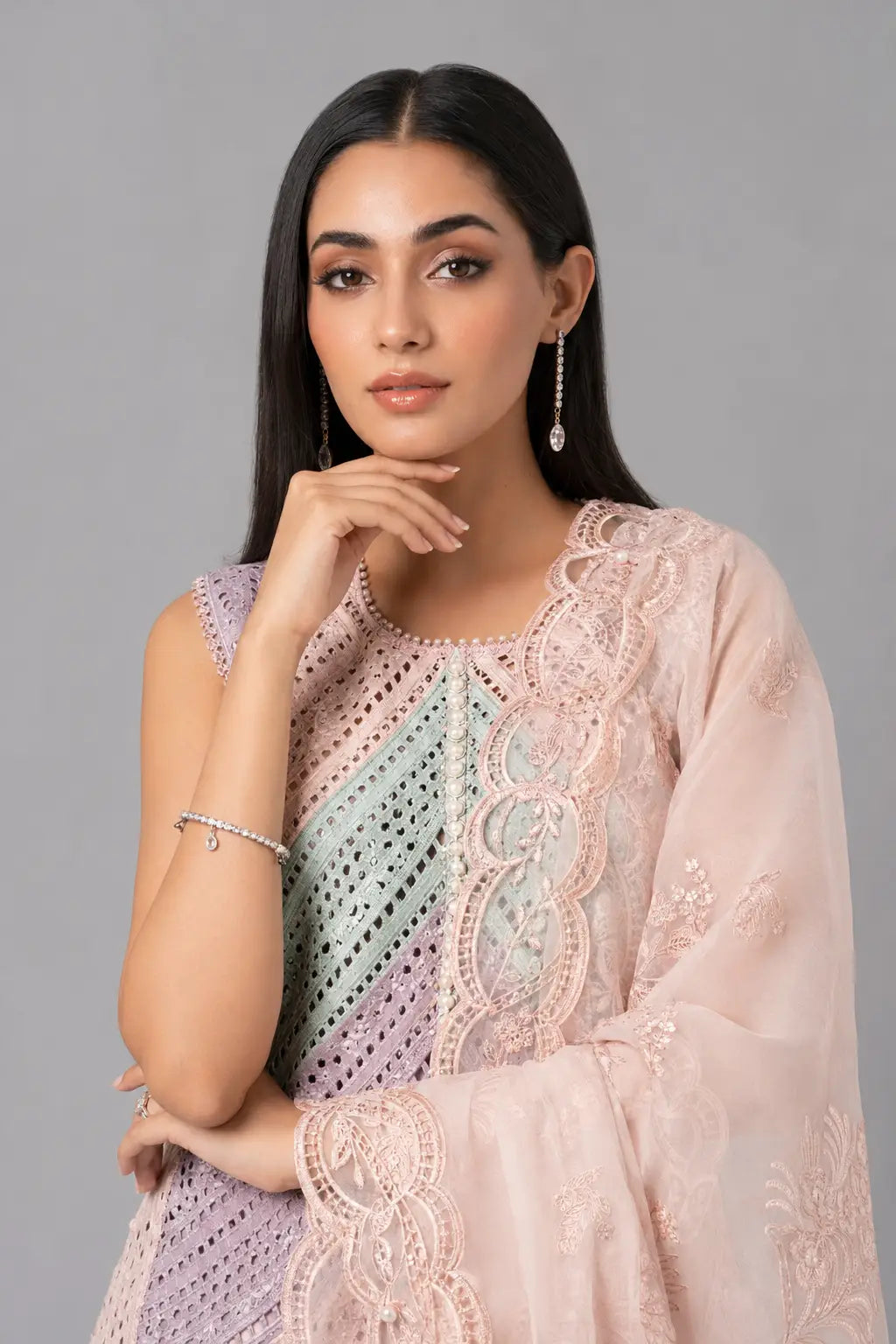 Blush Pink Chikankari 3-Piece Suit with Pastel Embroidery