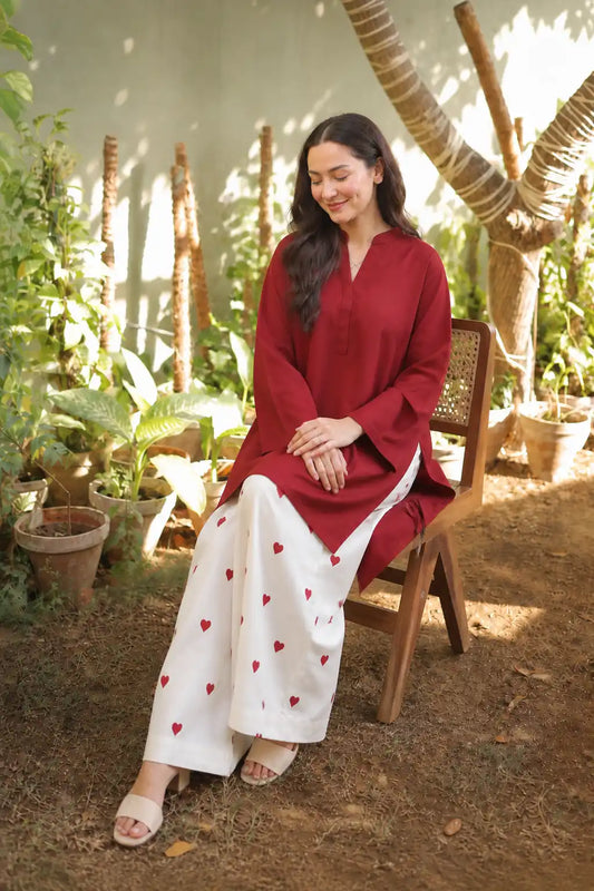 Hania Amir maroon Minimal Kurta Set
