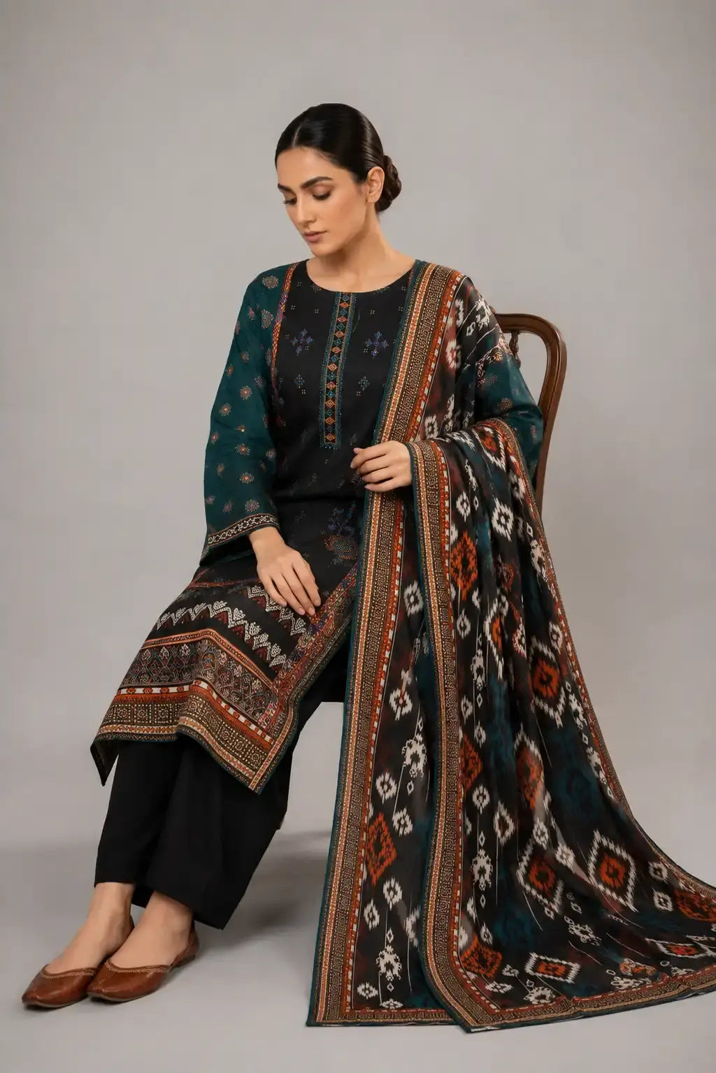 Black & Teal Ethnic Printed 3-Piece Lawn Suit