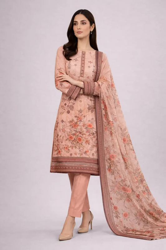 Woman wearing a peach floral traditional outfit with a matching dupatta on a light gray background