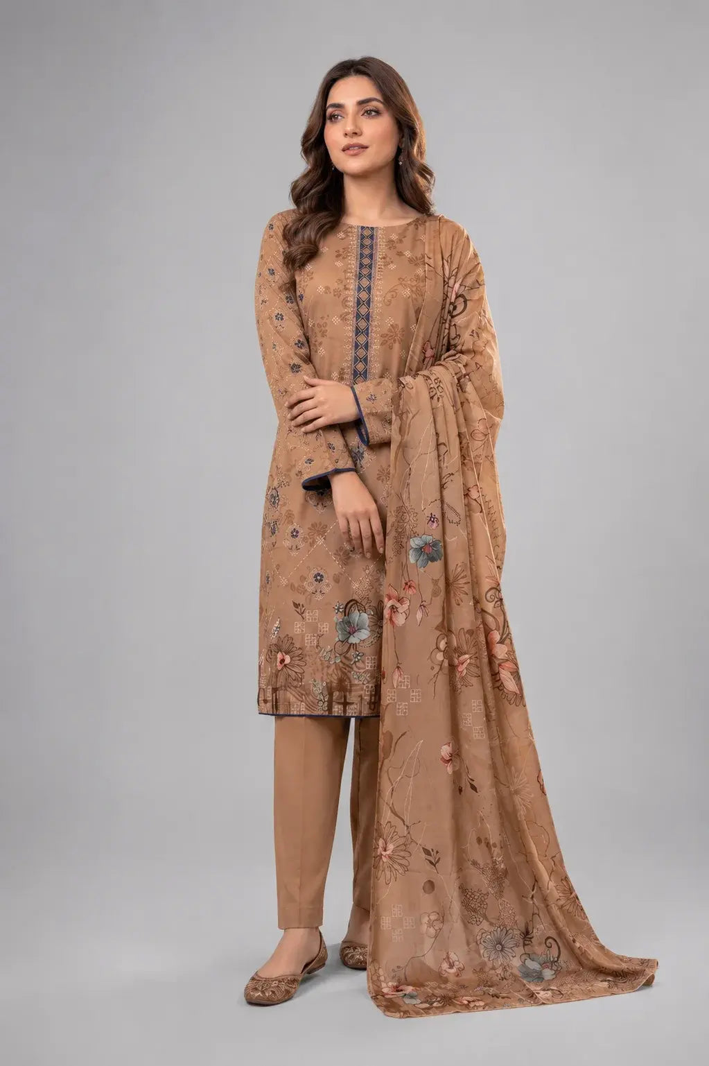 Warm Beige Floral Printed 3-Piece Lawn Suit