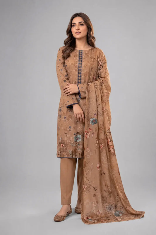Warm Beige Floral Printed 3-Piece Lawn Suit