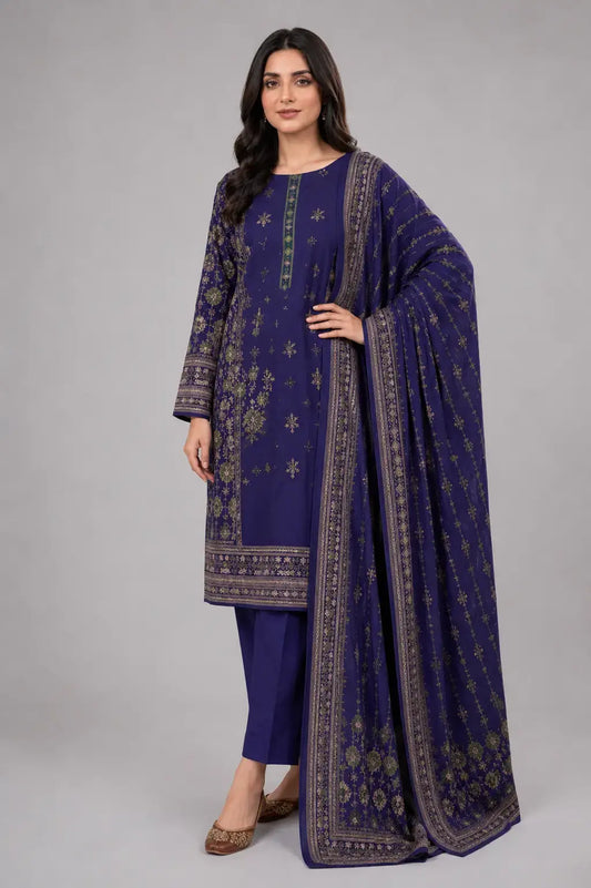 Woman wearing a Pakistani dress in blue with intricate patterns on a gray background