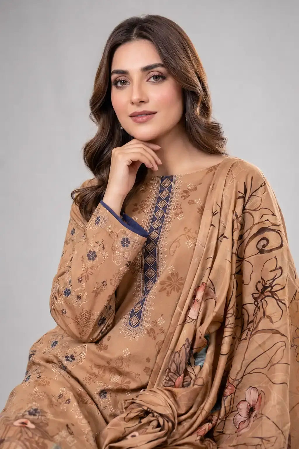 Warm Beige Floral Printed 3-Piece Lawn Suit