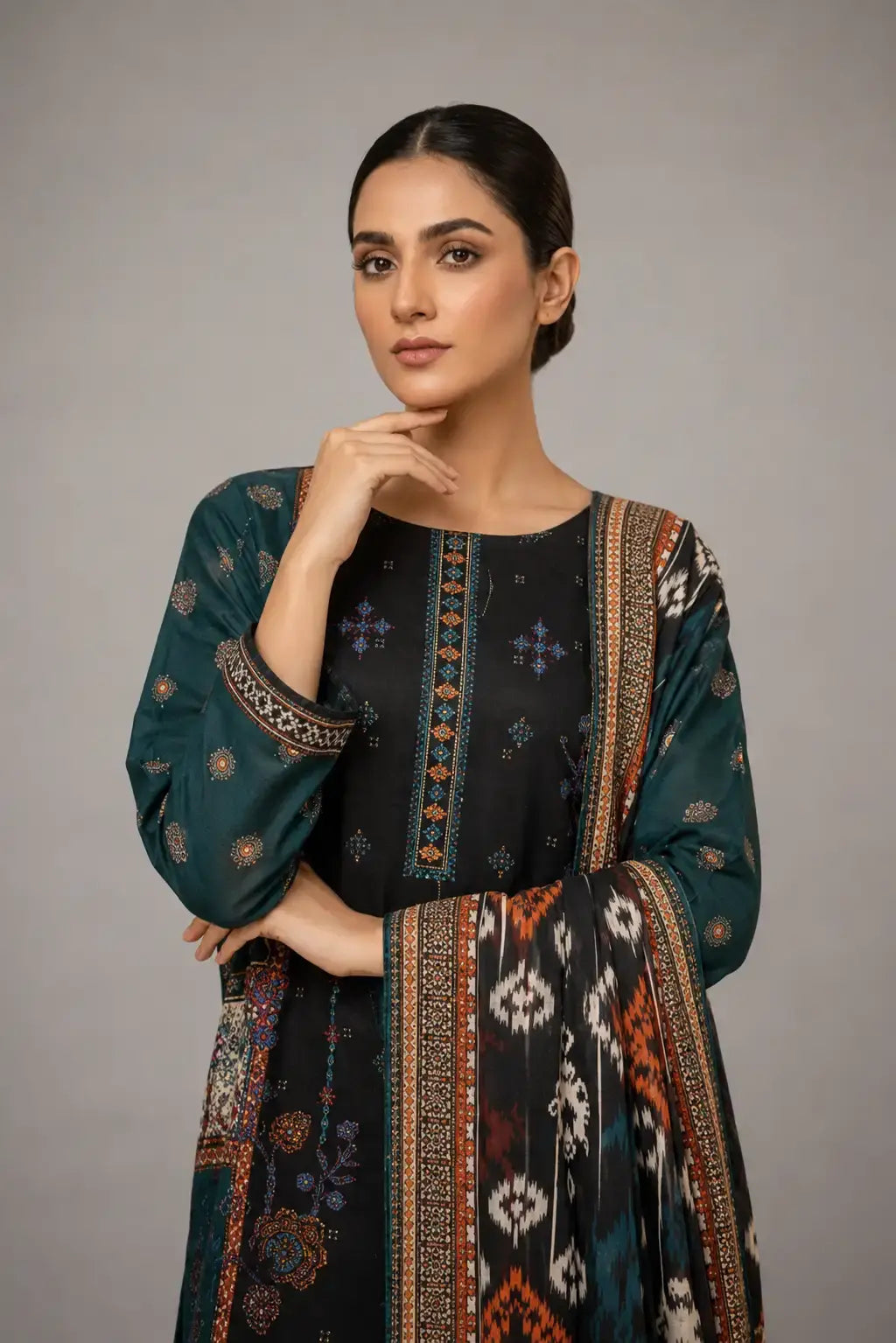 Black & Teal Ethnic Printed 3-Piece Lawn Suit