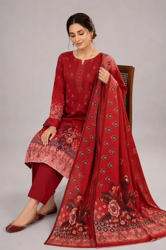 Woman wearing a red printed dress with a matching dupatta and plain on a gray background