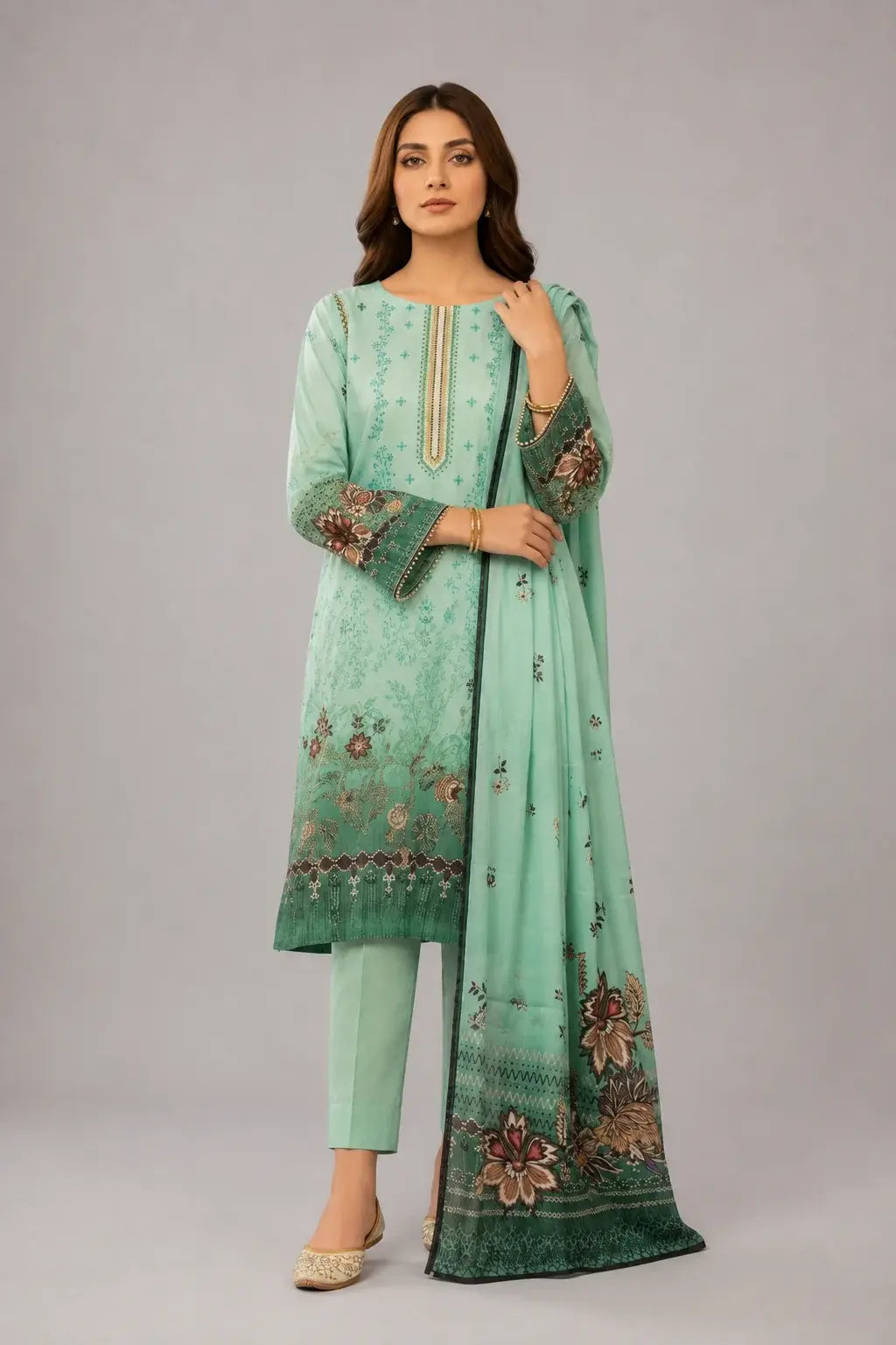 Woman wearing a light green luxury lawn outfit with a matching dupatta on a gray background