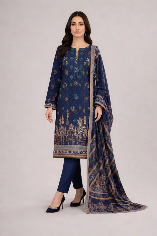 Woman wearing a blue traditional shalwar kameez with a matching dupatta on a white background