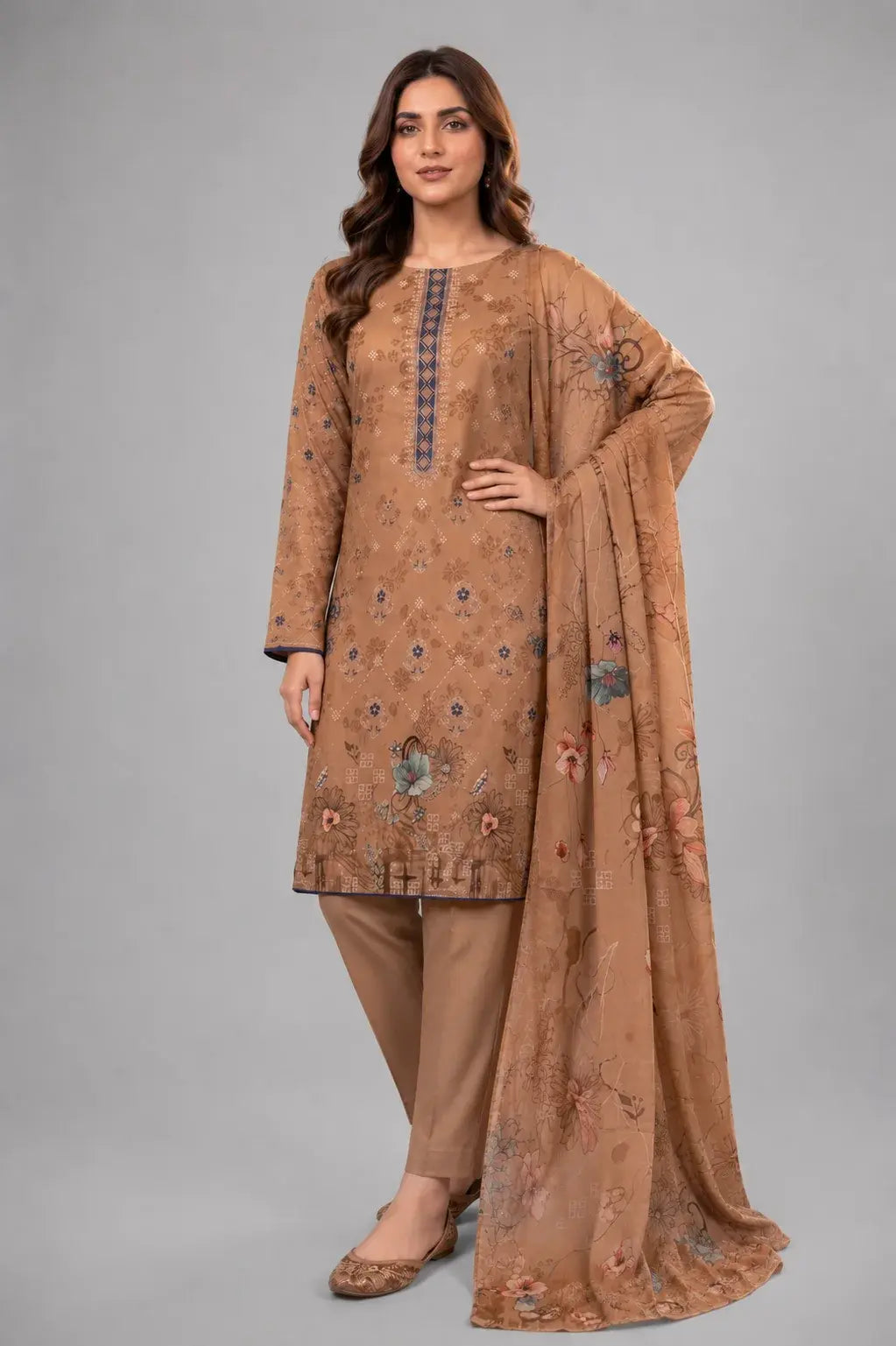 Warm Beige Floral Printed 3-Piece Lawn Suit