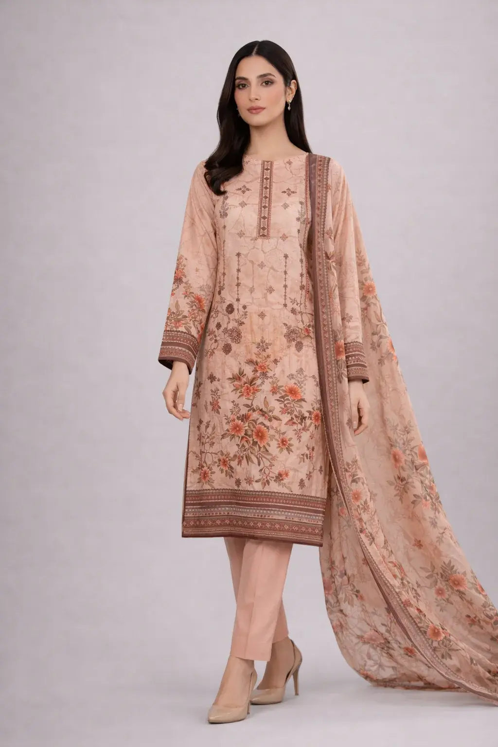 Woman wearing a luxury lawn dress set with a dupatta on a plain background 