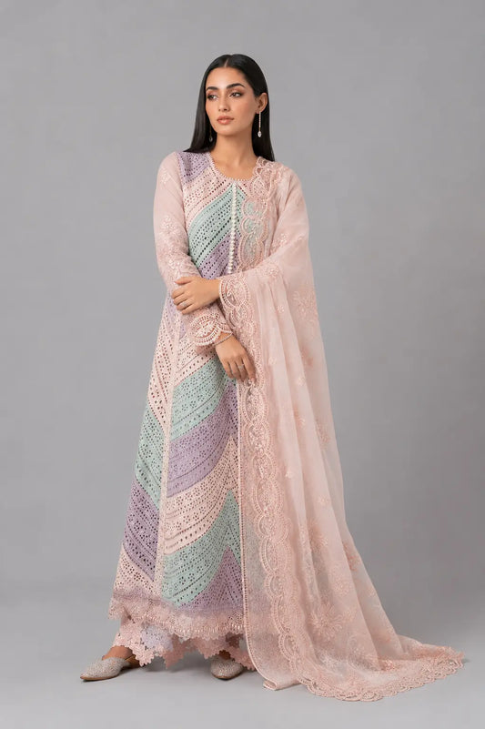 Blush Pink Chikankari 3-Piece Suit with Pastel Embroidery