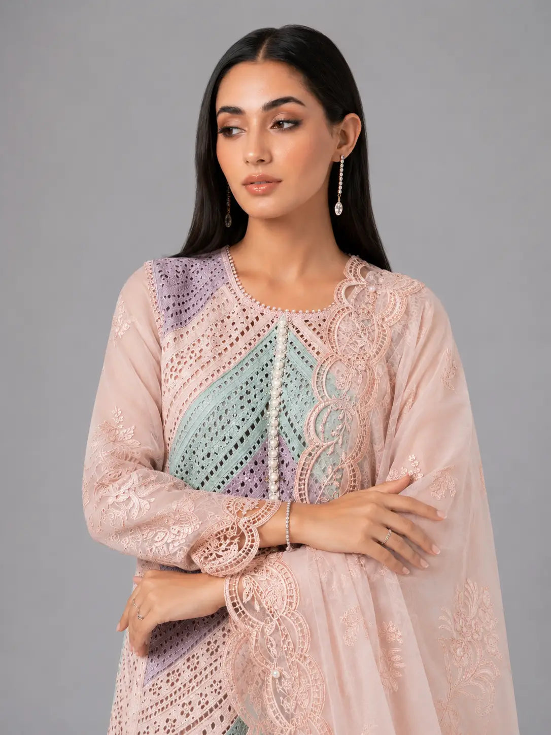Blush Pink Chikankari 3-Piece Suit with Pastel Embroidery