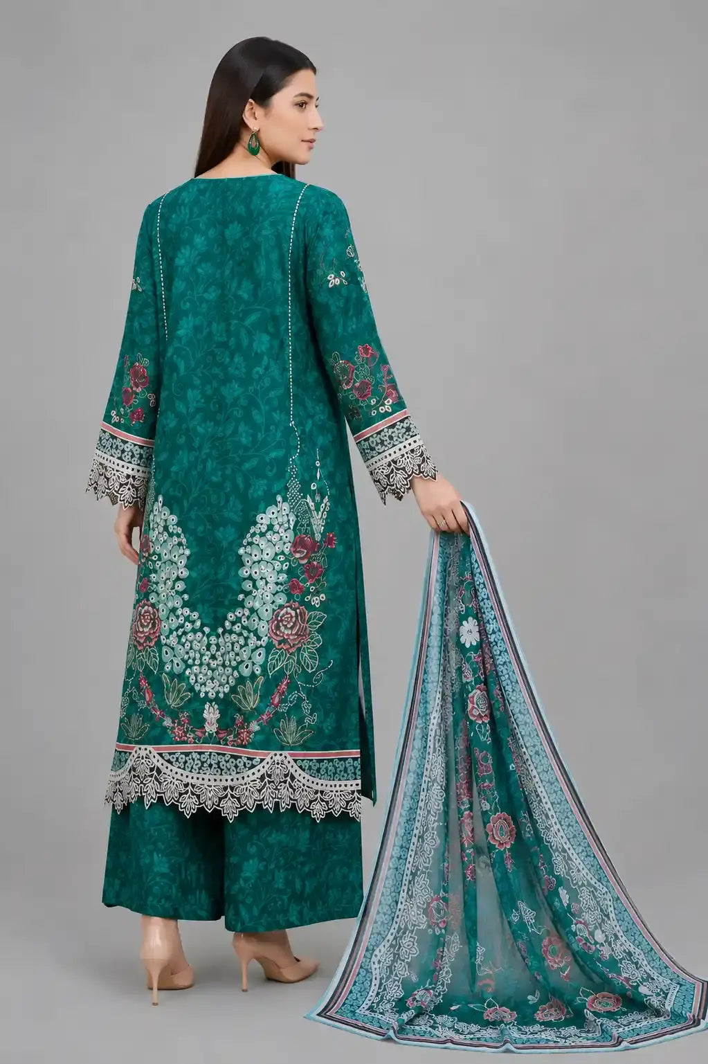 Emerald Teal Embroidered 3-Piece Lawn Suit