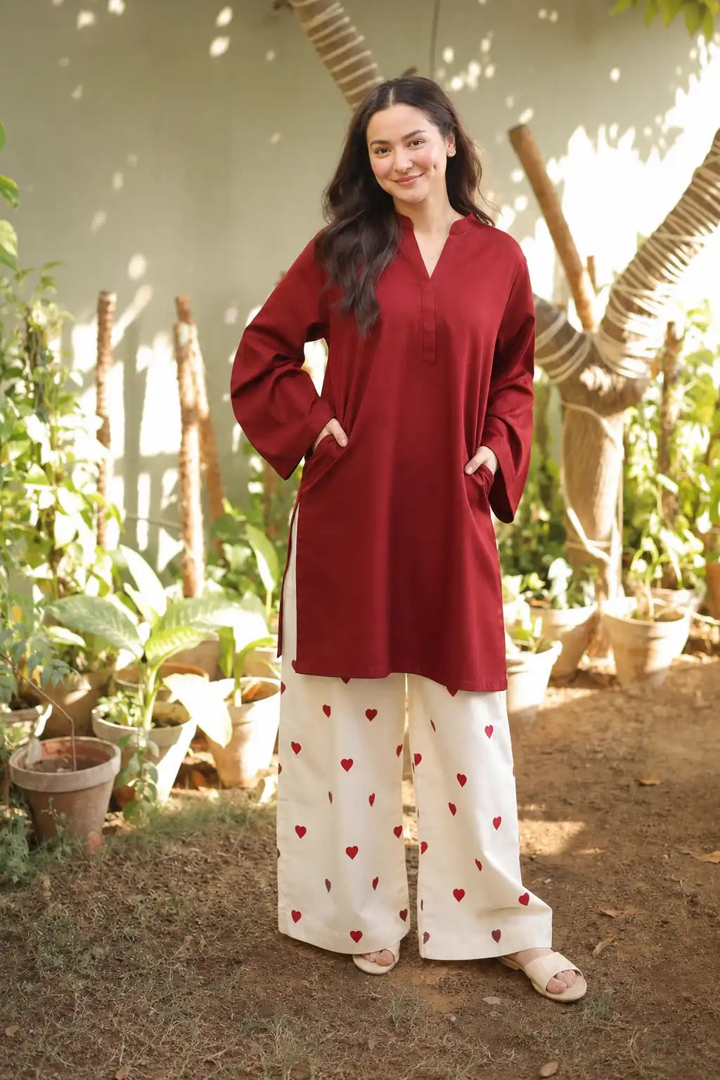 Hania Amir maroon Minimal Kurta Set