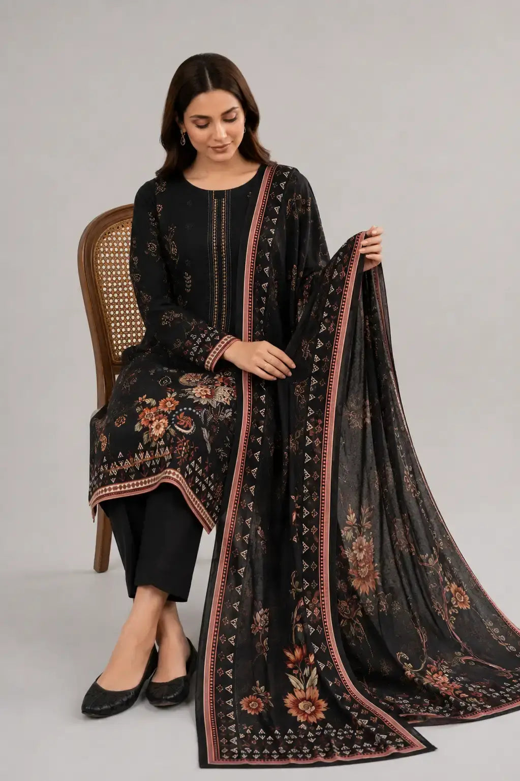 Woman wearing a Bin Saeed print shalwar kameez holding a black printed dupatta with floral patterns on a plain background