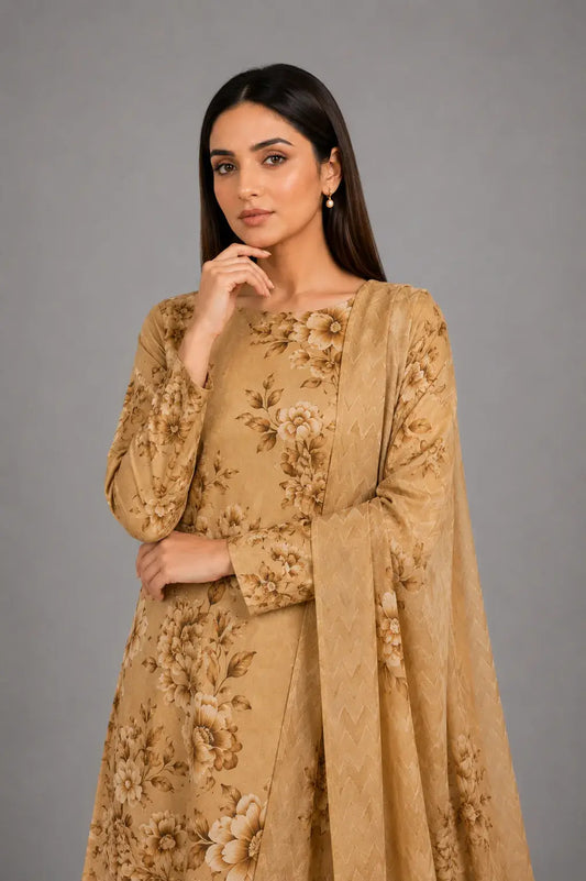 Golden Beige Floral Printed 3-Piece Lawn Suit