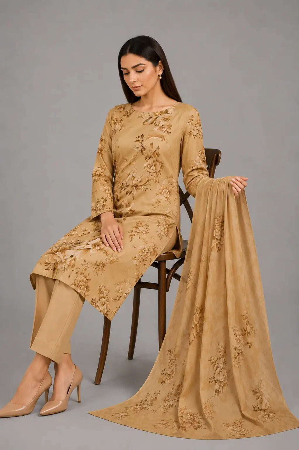 Golden Beige Floral Printed 3-Piece Lawn Suit