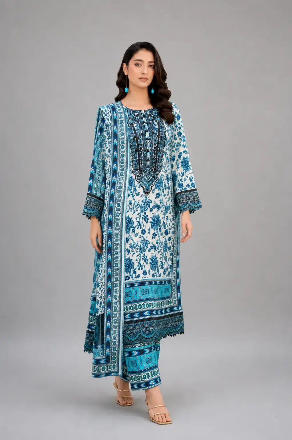Sobia Nazir Ocean Teal Embroidered 3-Piece Lawn Dress