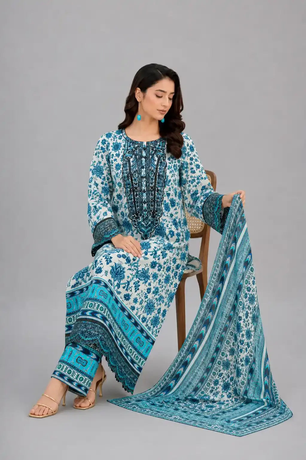 Sobia Nazir Ocean Teal Embroidered 3-Piece Lawn Dress