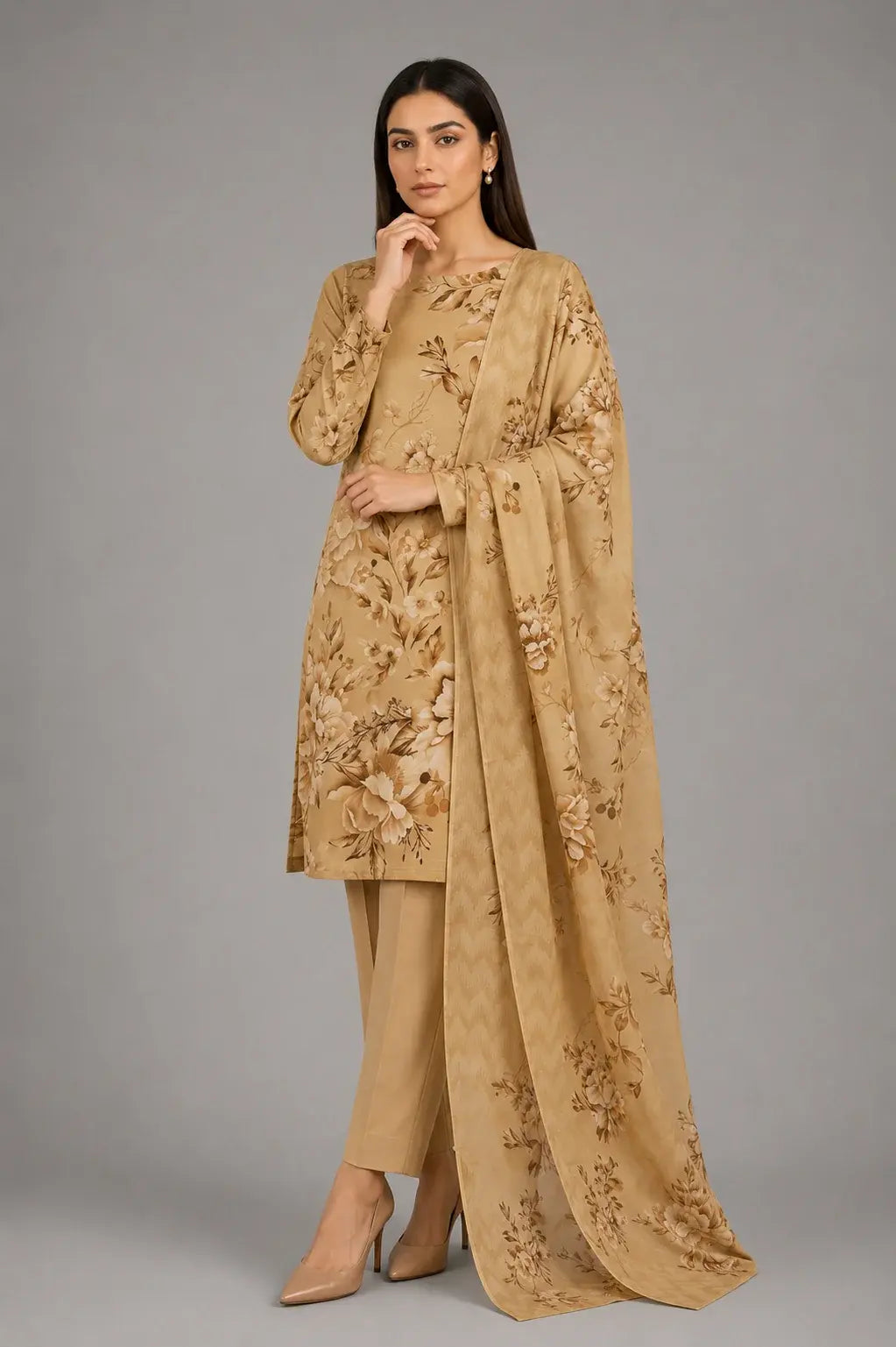Golden Beige Floral Printed 3-Piece Lawn Suit