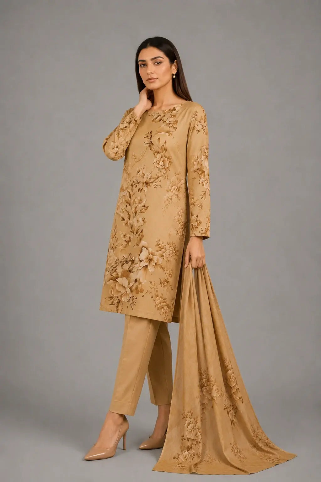 Golden Beige Floral Printed 3-Piece Lawn Suit