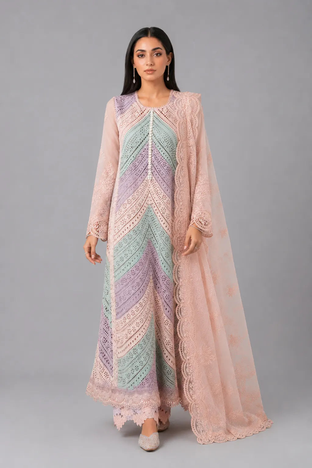 Blush Pink Chikankari 3-Piece Suit with Pastel Embroidery