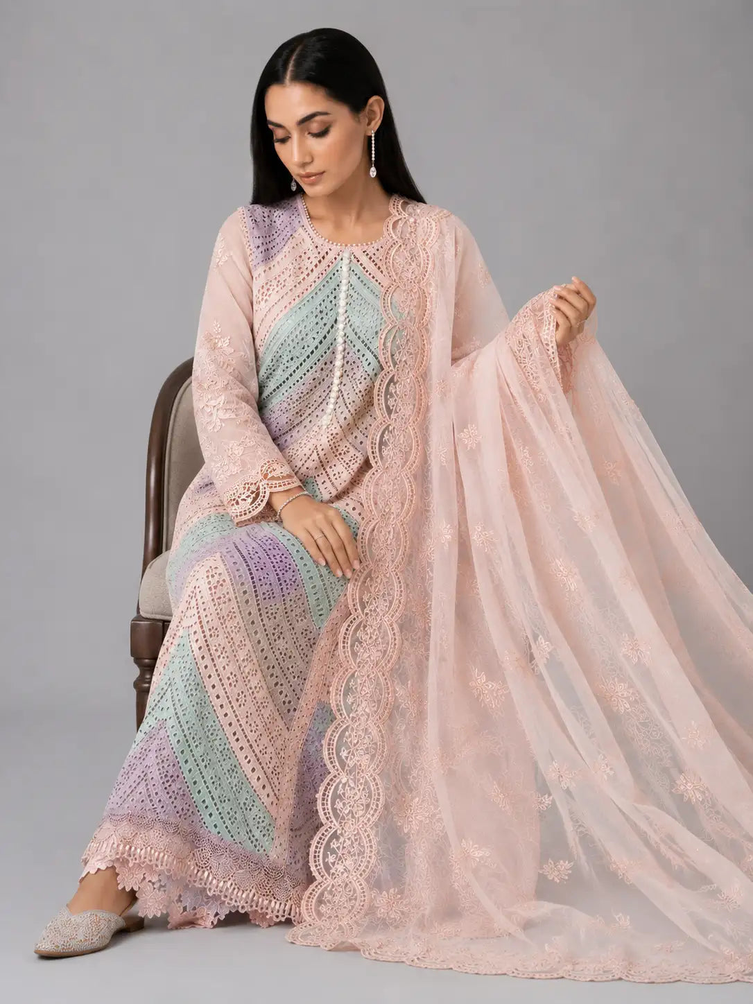 Blush Pink Chikankari 3-Piece Suit with Pastel Embroidery