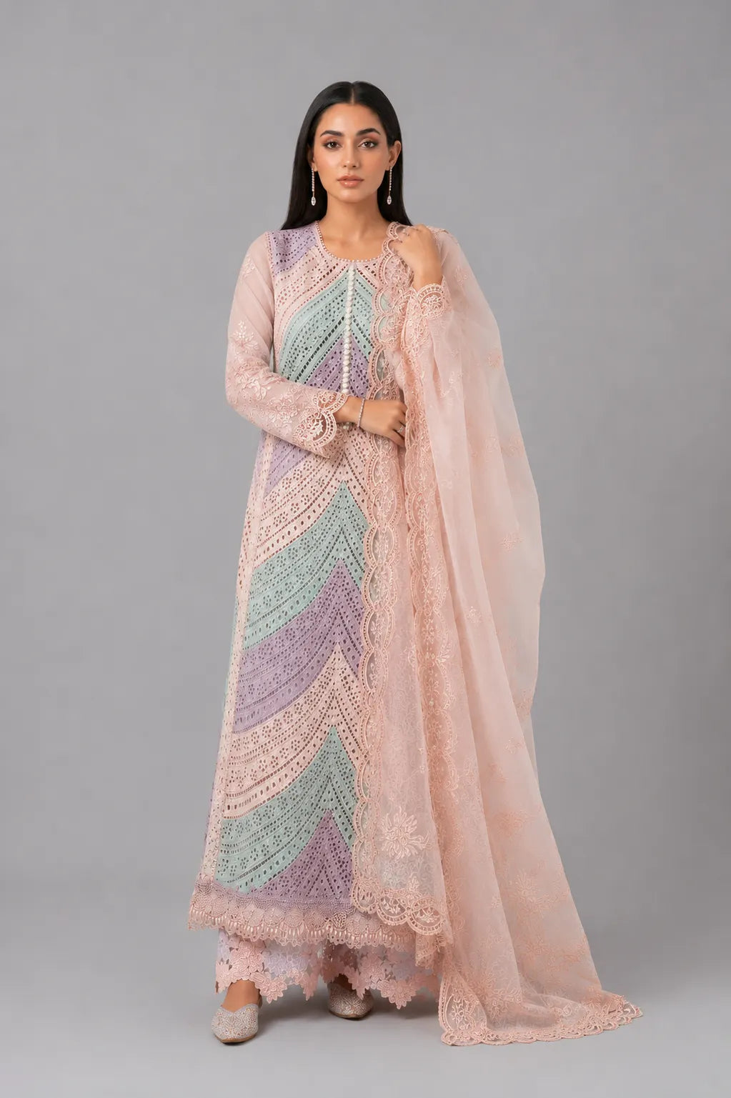 Blush Pink Chikankari 3-Piece Suit with Pastel Embroidery