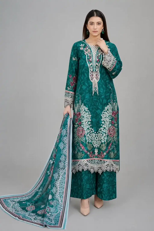 Emerald Teal Embroidered 3-Piece Lawn Suit