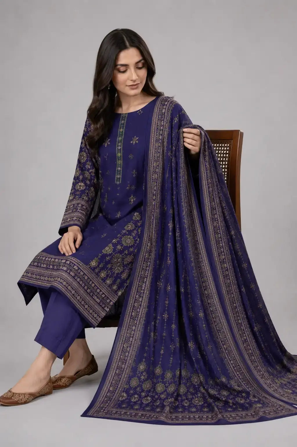 Woman wearing a blue Pakistani kurta and trouder with a matching dupatta