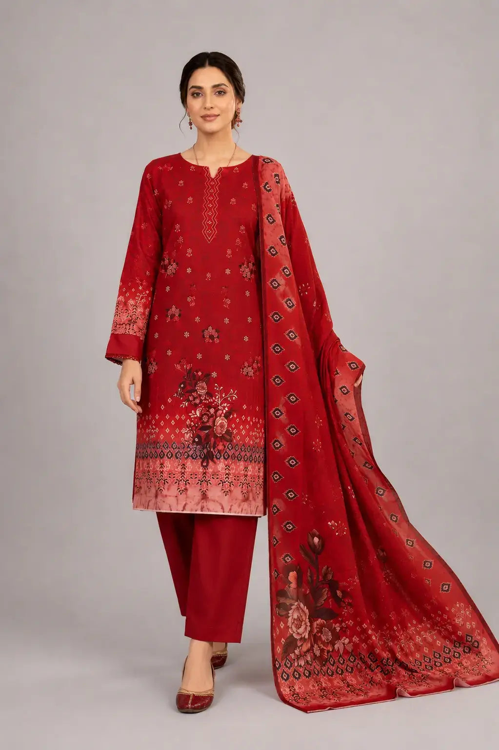 Red traditional outfit with matching dupatta on a gray background