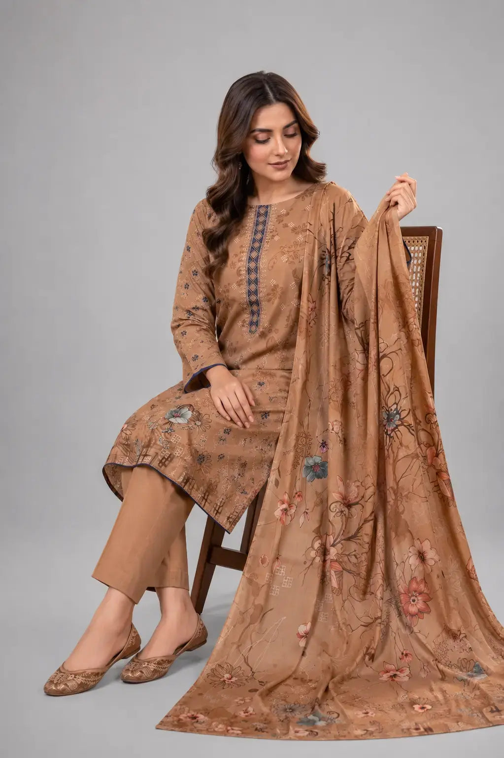 Warm Beige Floral Printed 3-Piece Lawn Suit