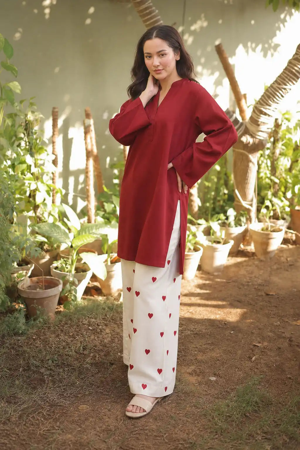 Hania Amir maroon Minimal Kurta Set