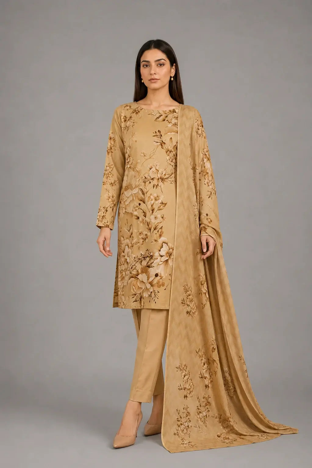 Golden Beige Floral Printed 3-Piece Lawn Suit