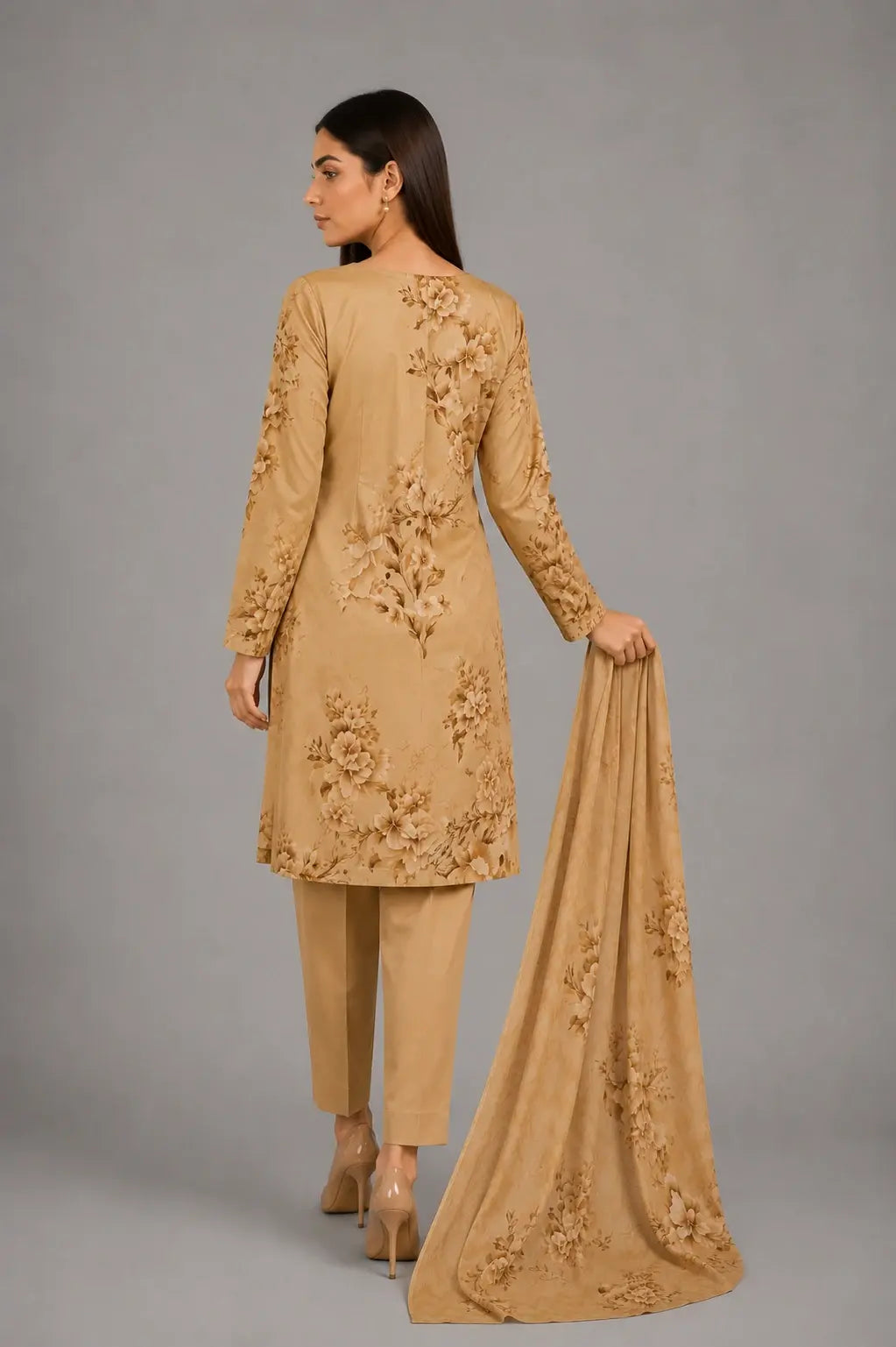 Golden Beige Floral Printed 3-Piece Lawn Suit