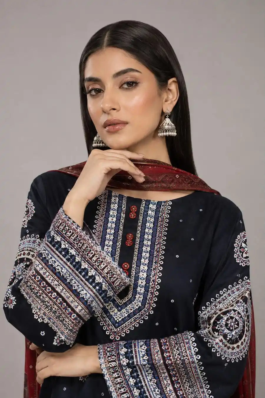 Sobia Nazir Navy Blue Embroidered Pret Dress 3-Pc