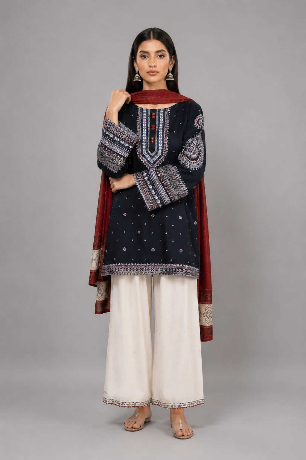 Sobia Nazir Navy Blue Embroidered Pret Dress 3-Pc