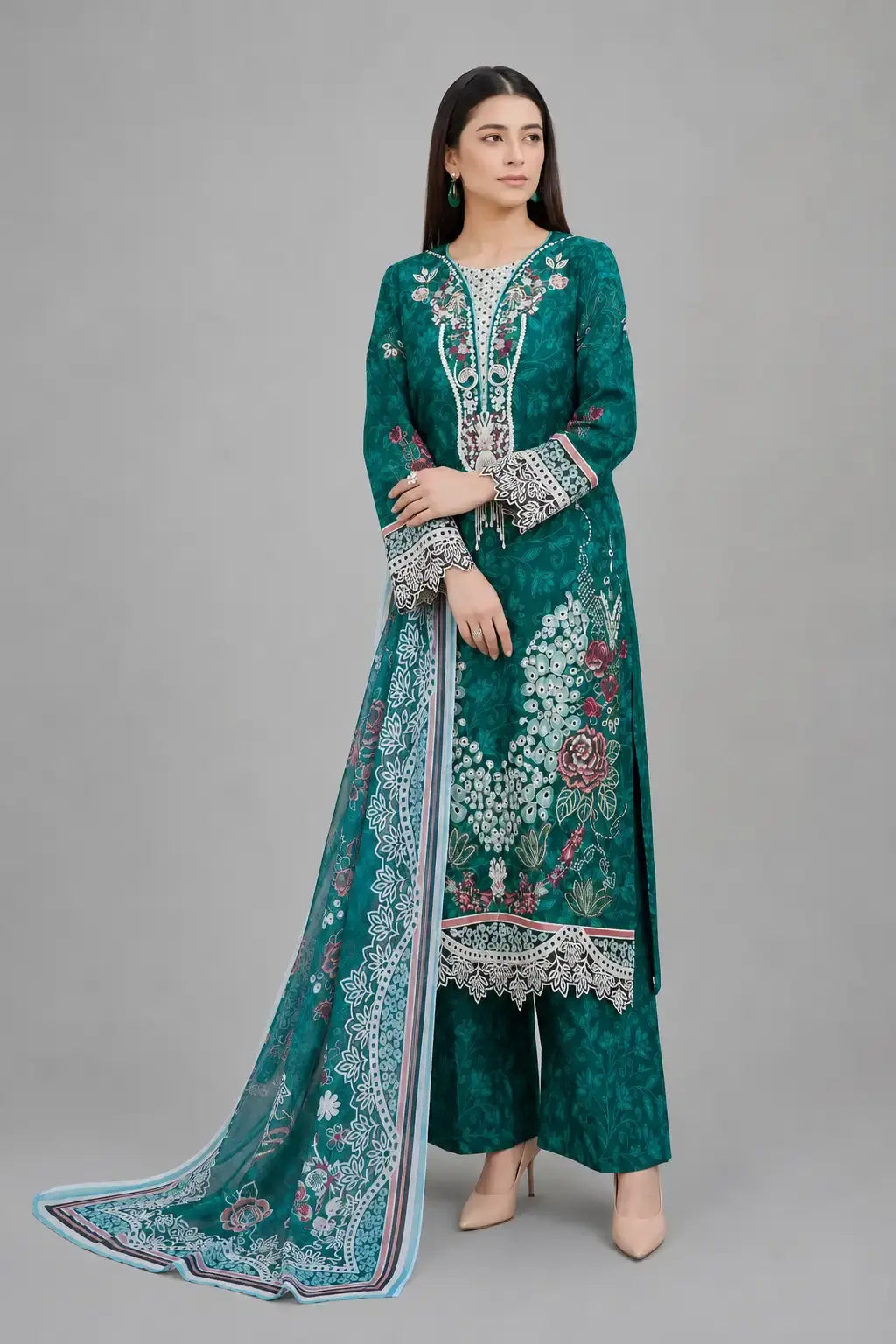 Emerald Teal Embroidered 3-Piece Lawn Suit