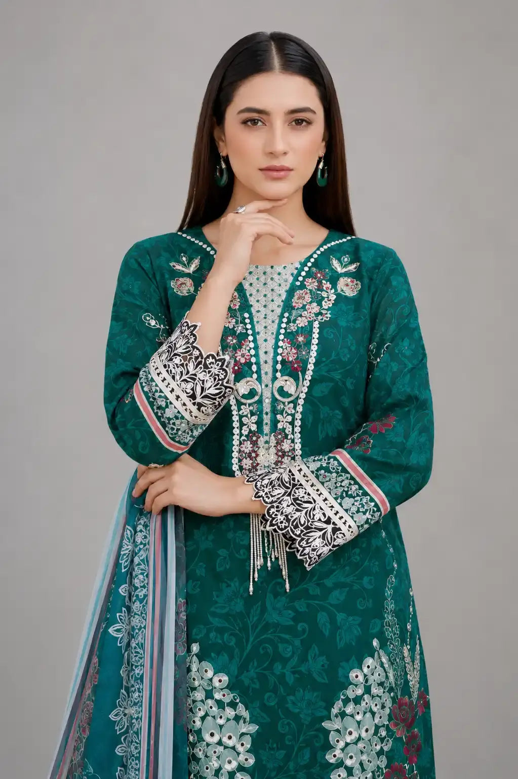 Emerald Teal Embroidered 3-Piece Lawn Suit
