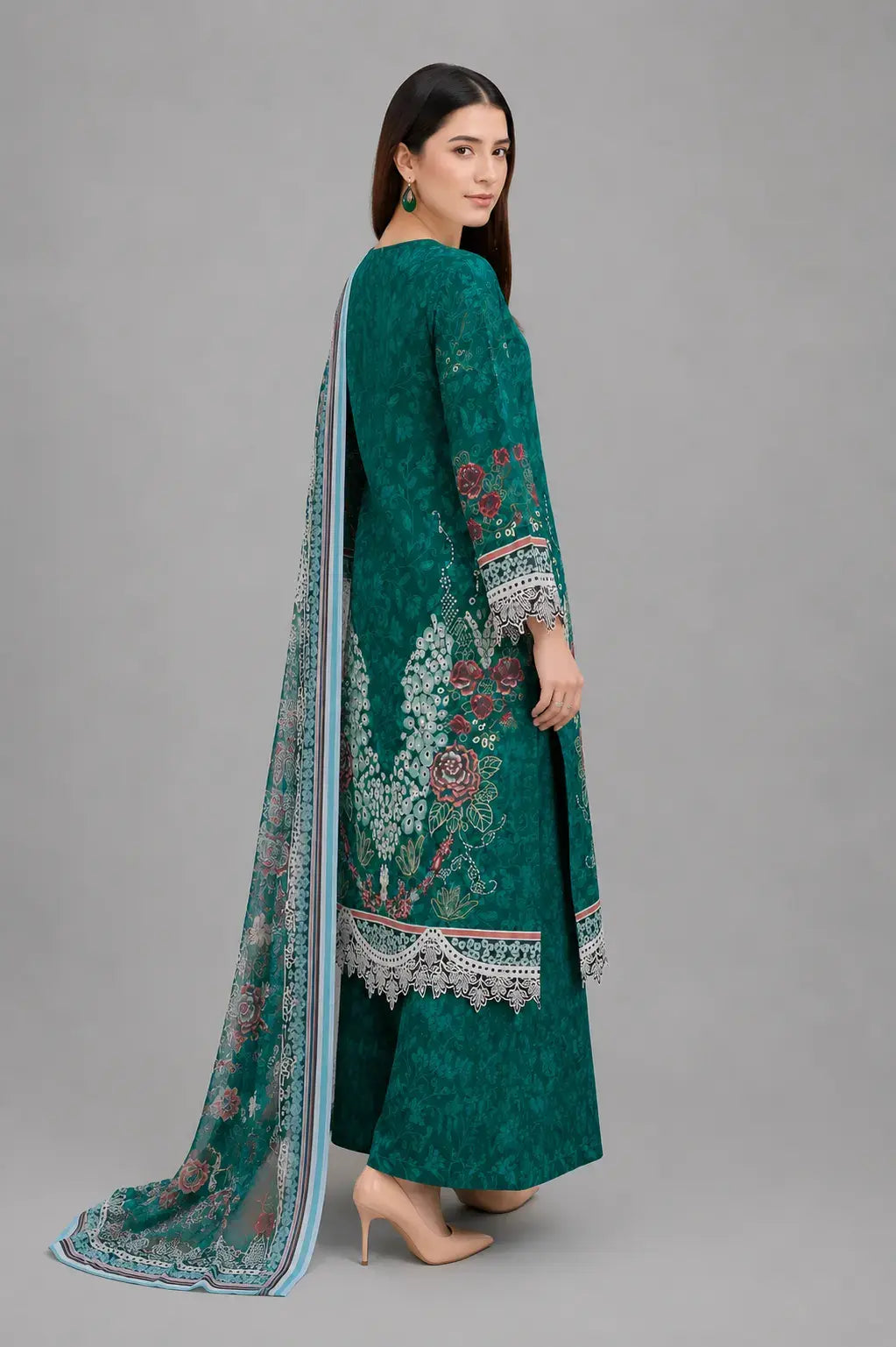 Emerald Teal Embroidered 3-Piece Lawn Suit