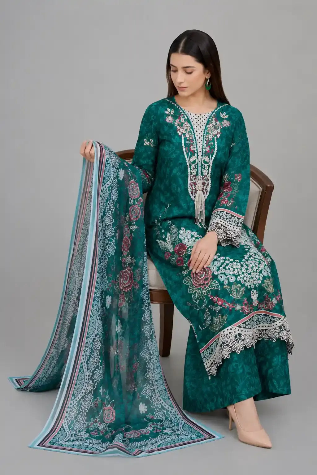 Emerald Teal Embroidered 3-Piece Lawn Suit