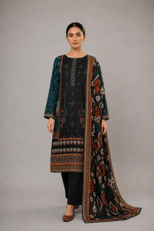 Black & Teal Ethnic Printed 3-Piece Lawn Suit
