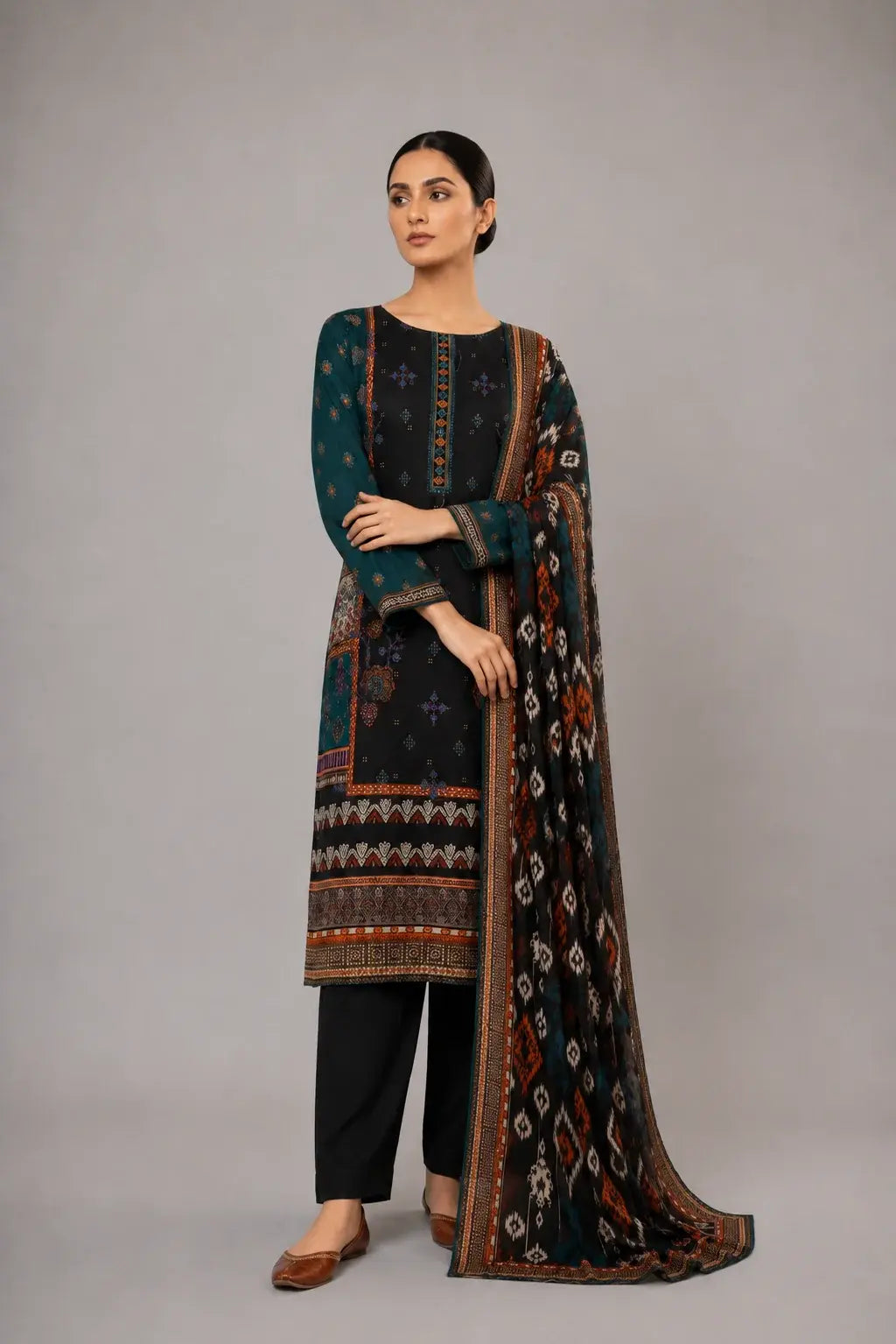 Black & Teal Ethnic Printed 3-Piece Lawn Suit