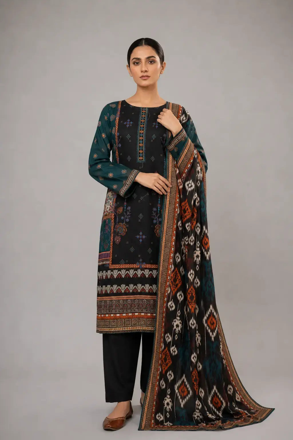 Black & Teal Ethnic Printed 3-Piece Lawn Suit