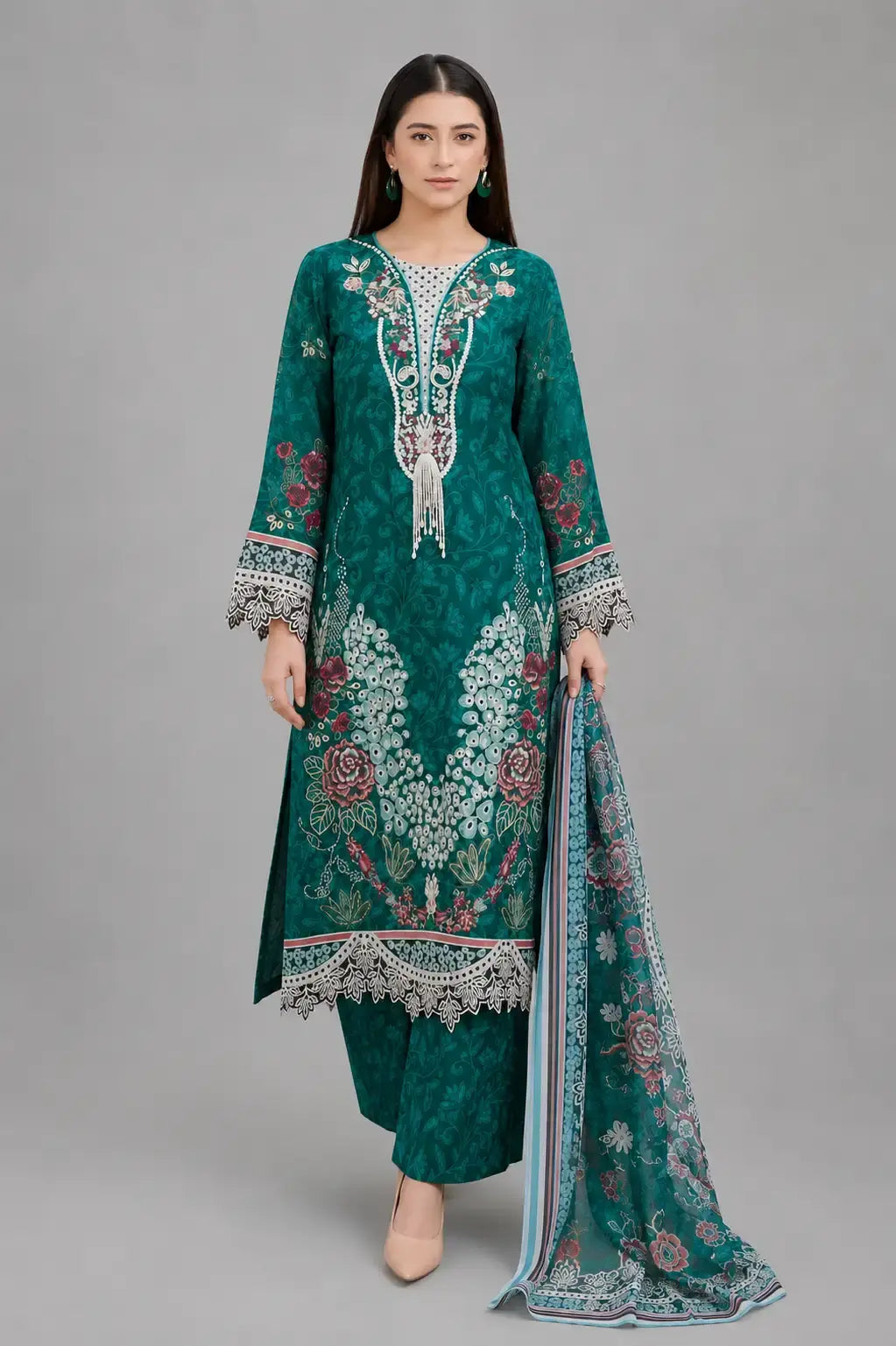 Emerald Teal Embroidered 3-Piece Lawn Suit